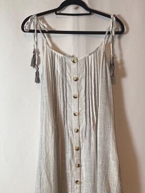 Boho Linen Maxi Dress Button Front Tassel Tie Striped  Size L  Blue Island